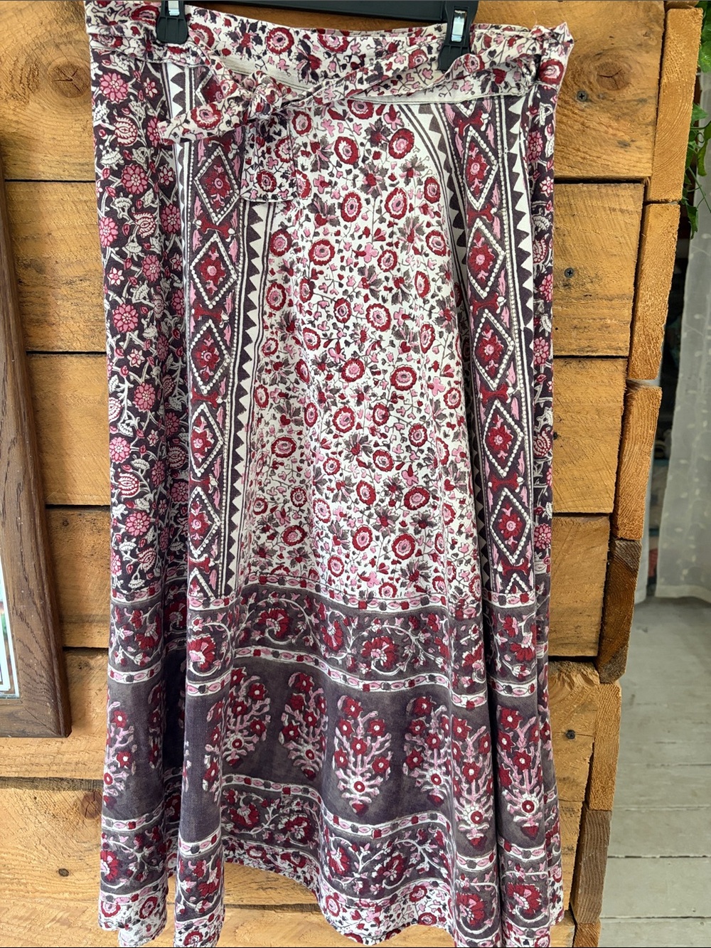 Women's Maxi Skirt in Burgundy and Cream Floral Print vintage cotton wrap